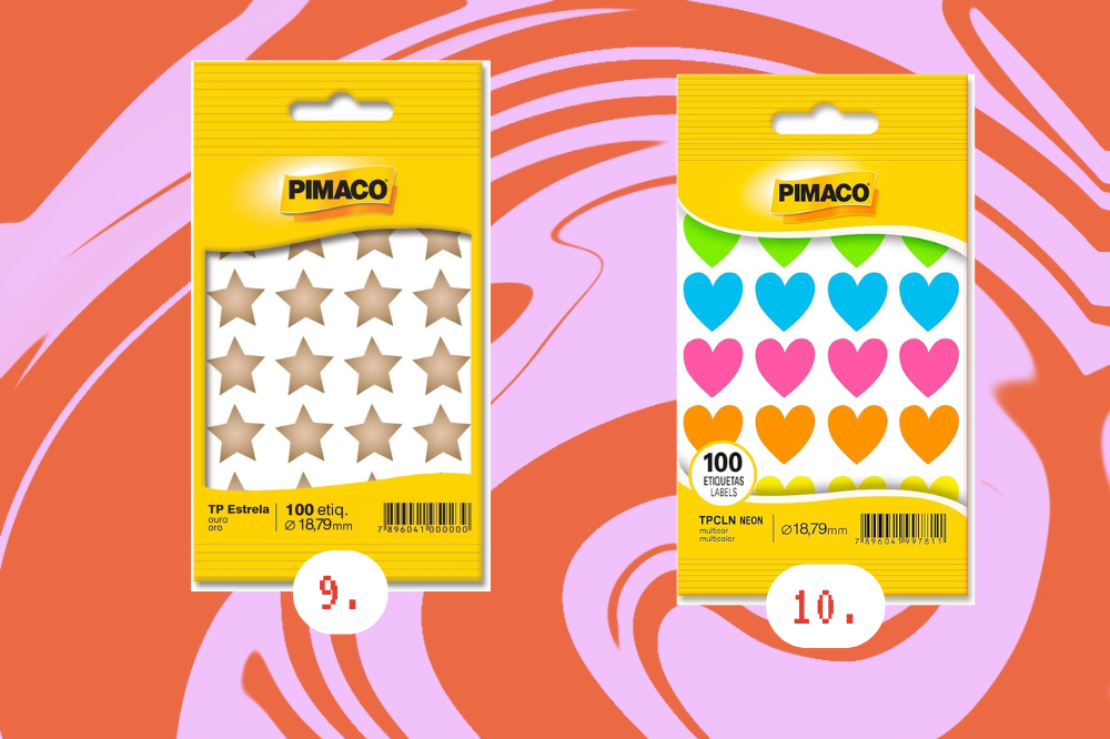 itens para começar a fazer colagem Imagem de duas cartelas de adesivos, uma de estrela e uma de coração, em um fundo rosa e laranja.
