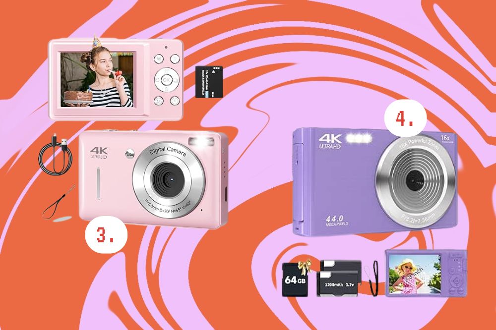 Câmeras digitais para levar para festival Imagem de duas câmeras digitais, uma rosa e outra roxa, em um fundo rosa e laranja.