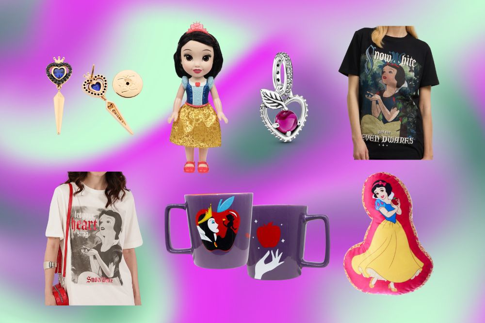 branca de neve 2 Vitrine de produtos para quem é fã de Branca de Neve; acessórios, bonecas, canecas, almofada e camiseta inspiradas na princesa em um fundo degradê roxo com verde