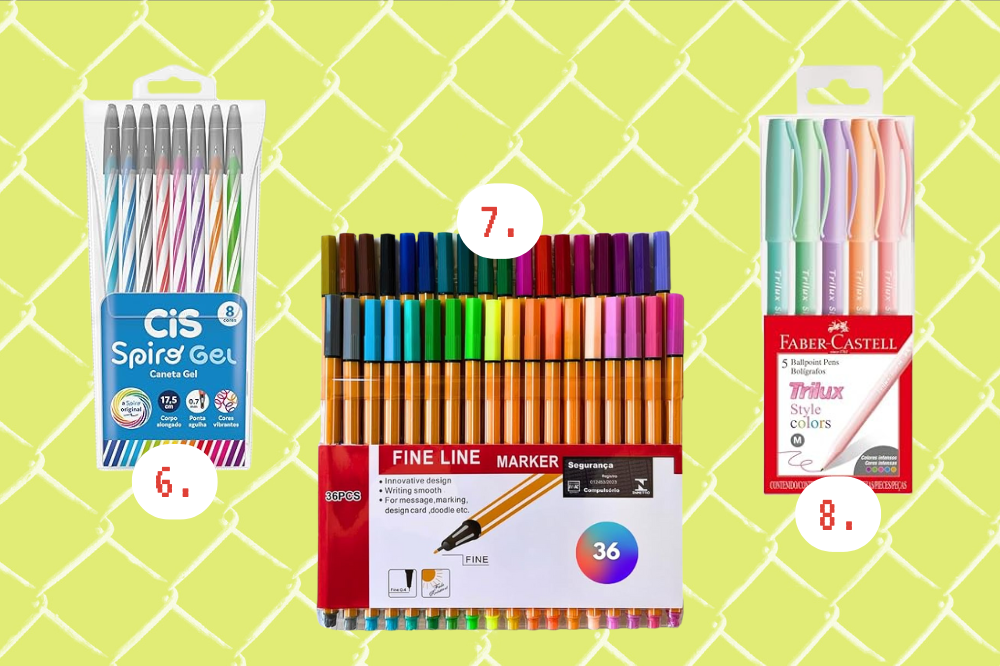 Como fazer desenhos para se acalmar Imagem de três pacotes de canetas coloridas; uma da Cis com 6 canetas coloridas em gel, uma Fine Line com 36 cores e uma da Faber Castell com 5 cores pastéis.