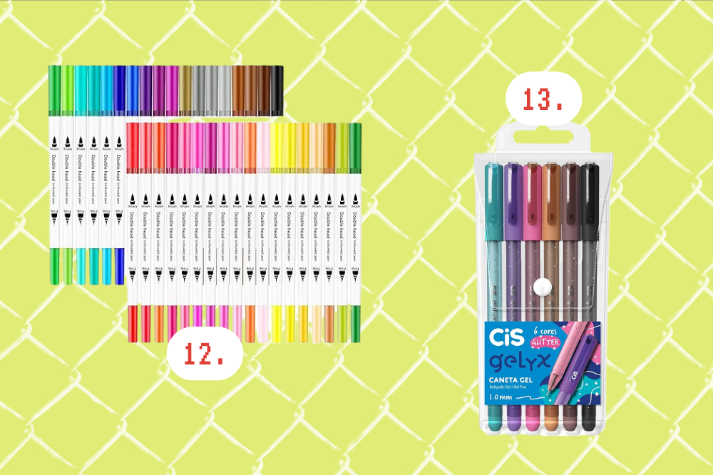 Como fazer desenhos para se acalmar Imagem de dois pacotes de canetas coloridas, uma com 24 cores em formato brush pen, e o outro com 6 cores da Cis.