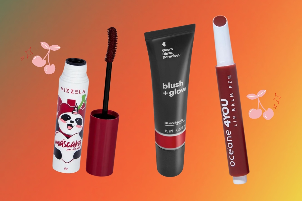 Produtos de beleza para fazer uma maquiagem cereja