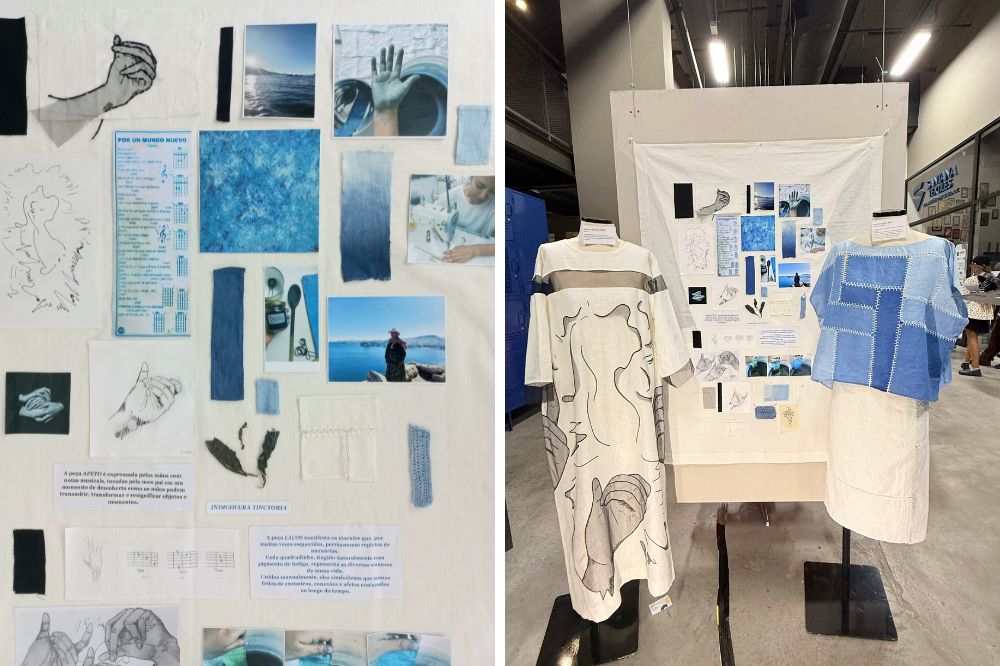 Laços invisíveis Montagem de duas fotos da exposição com roupas e fotos em tons de azul