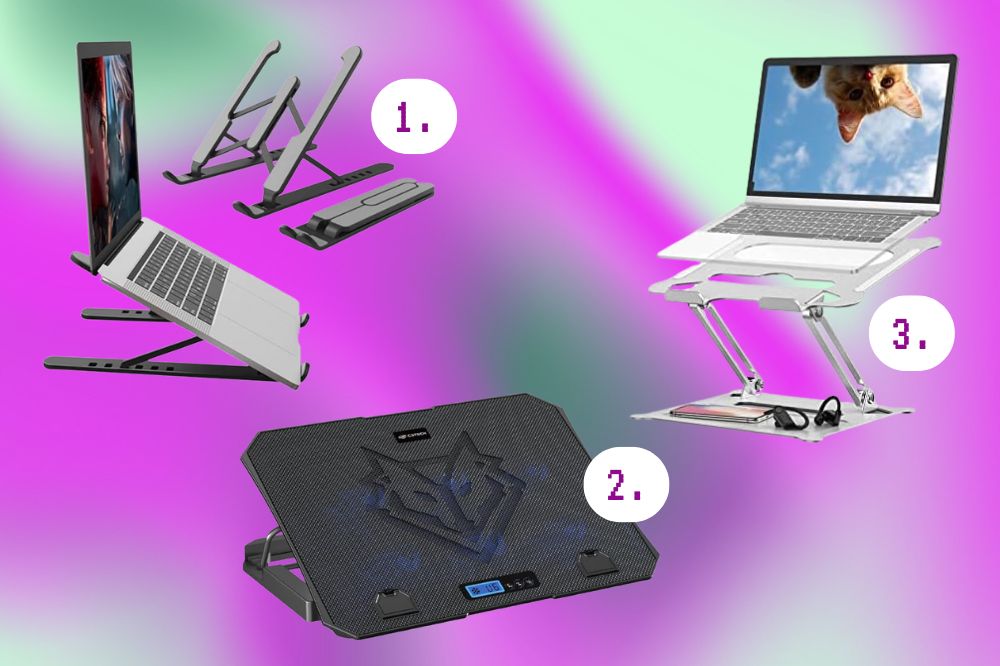 itens para garantir o estudo em casa mais confortável Imagem de três tipos de suporte para notebook para deixá-lo mais alto. Um é uma placa preta, outro é um suporte de aço prata e o outro é preto.
