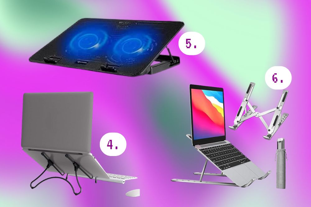 Imagem de três tipos de suporte para notebook para deixá-lo mais alto. Um é uma placa preta, outro é um suporte de aço prata e o outro é preto.