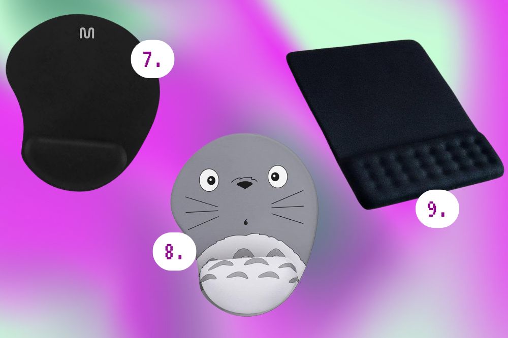 itens para garantir o estudo em casa mais confortável Imagem de três tipos de mousepad. Um é quadrado e preto, o outro é oval e preto e o outro tem a estampa do personagem Totoro.