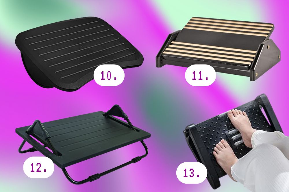 itens para garantir o estudo em casa mais confortável Imagem de quatro tipos de apoio para os pés para colocar em escritório; todos são pretos.