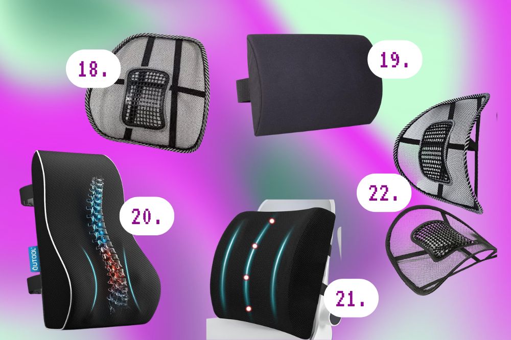 itens para garantir o estudo em casa mais confortável Imagem de cinco tipos de suporte para lombar para colocar em cadeiras e ficar mais confortável.