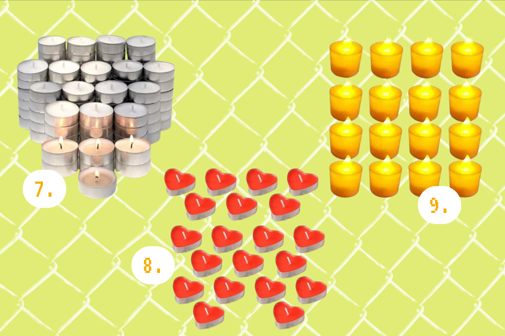 Dicas para você fazer um ‘date junino’ no Dia dos Namorados Imagem de três tipos de vela: um normal da pequena, um em formato de coração e vermelha e outro elétrica.