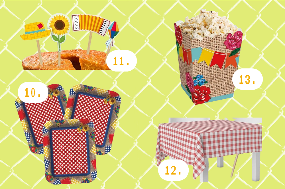 Dicas para você fazer um ‘date junino’ no Dia dos Namorados Imagem de decorações para doces de festa junina, embalagem para pipoca, toalha de mesa quadriculada e suporte para comida, todos temáticos de festa junina.
