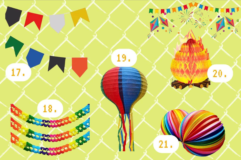 Dicas para você fazer um ‘date junino’ no Dia dos Namorados Imagem de decorações de festa junina, como bandeirinhas, fogueira e balão.