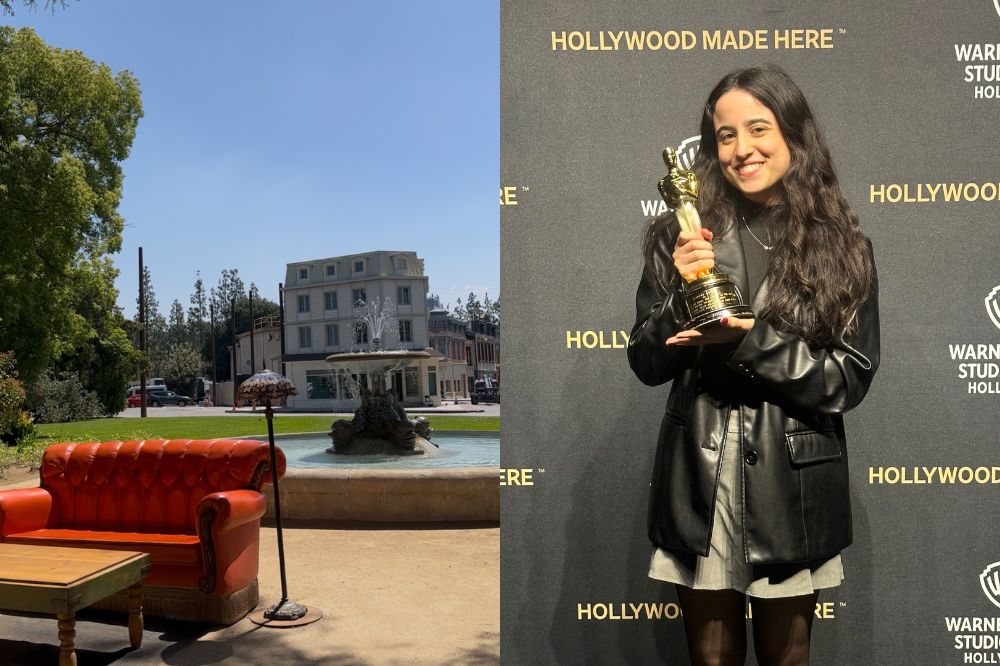 Anny Guerrera, da CAPRICHO, em tour da Warner Bros; na primeira imagem um sofá na fonte da abertura de Friends; na segunda a repórter segurando um Oscar