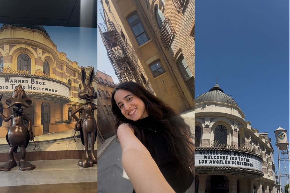 tour warner Anny Guerrera no tour Warner Bros Studios, em Los Angeles; três imagens; na primeira estatuas de personagens; na segunda a repórter no tour; na terceira o cinema e a caixa d'água da Warner