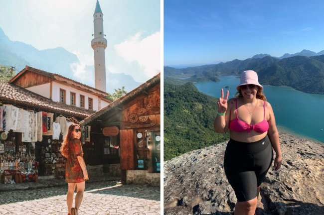 mulheres viajando Do lado esquerdo, Camille na Albânia, e, no direito, Tauana