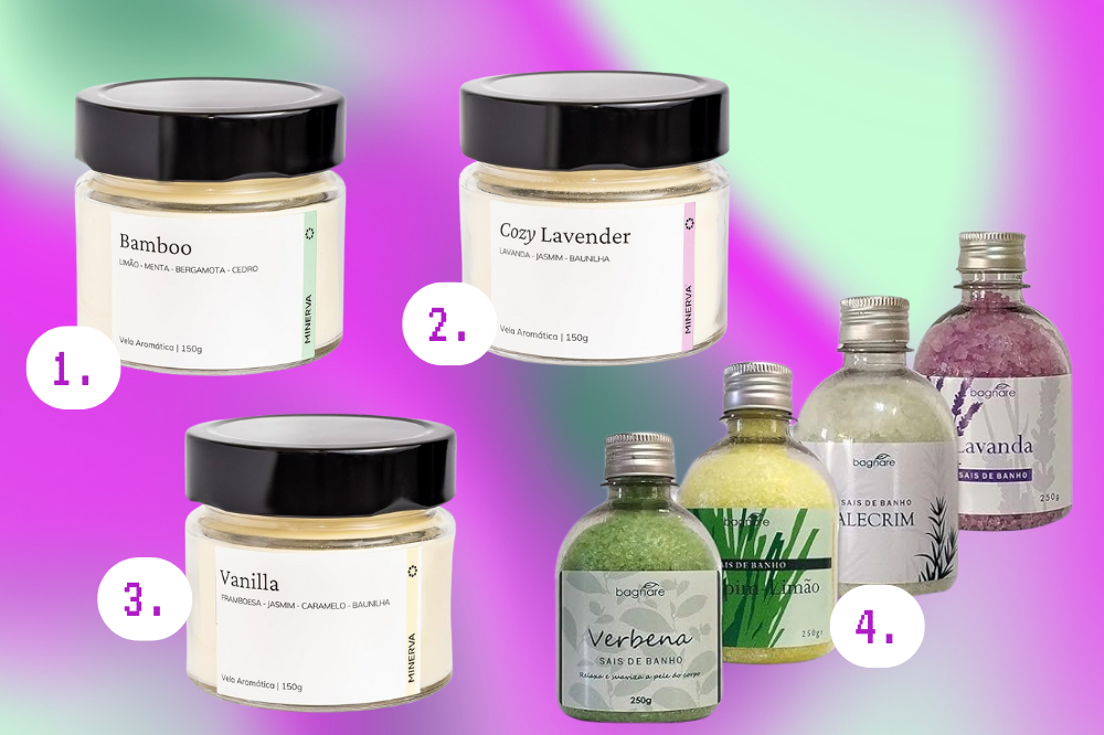 Como preparar um SPA para o Dia dos Namorados Imagem de três velas aromáticas de Baunilha, Bamboo e Lavanda, ao lado de um conjunto de quatro sais de banho.