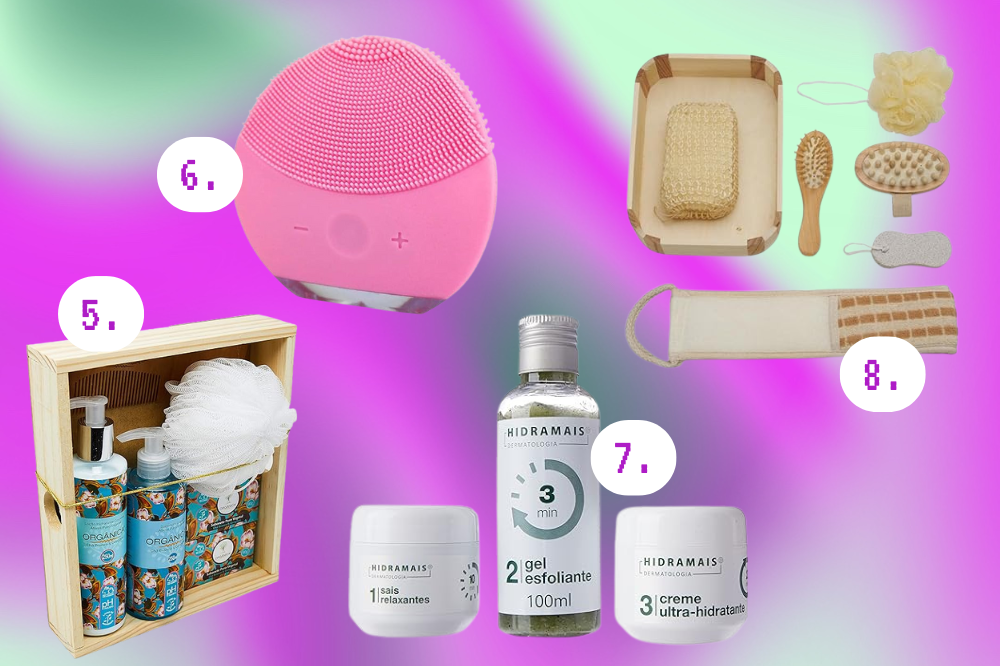 Como preparar um SPA para o Dia dos Namorados Imagem de dois conjuntos de spa em casa, um aparelho de massagem facial e um kit de esfoliantes.