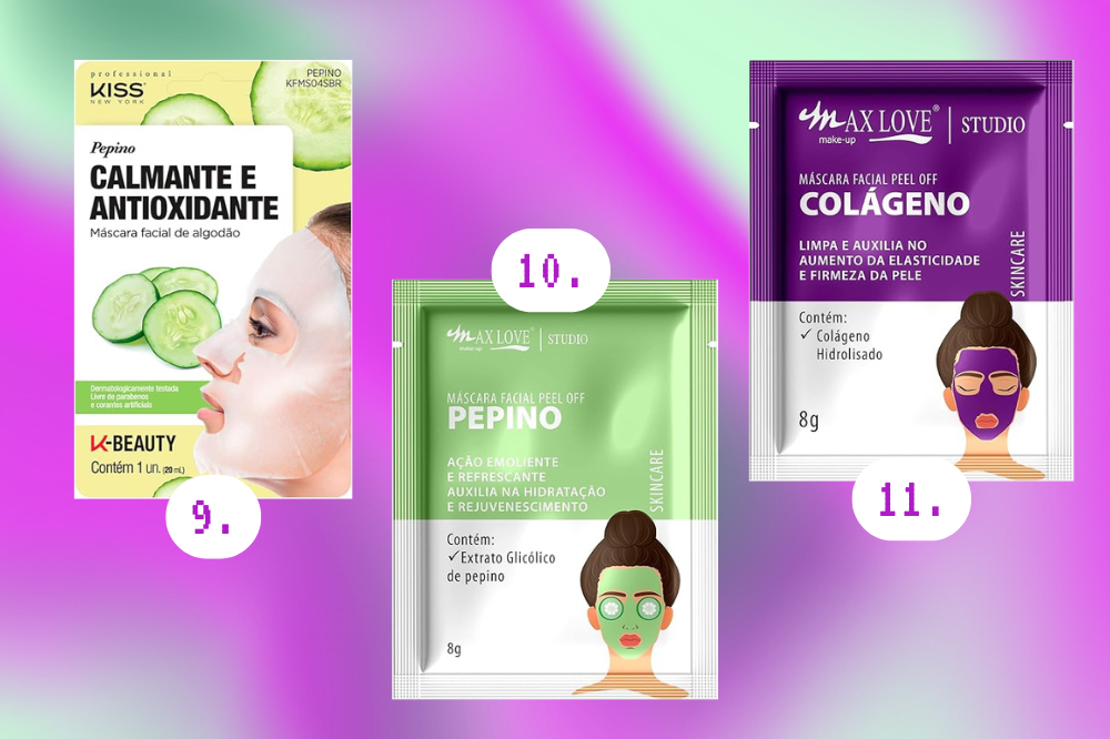 Como preparar um SPA para o Dia dos Namorados Imagem de três tipos de máscaras faciais, uma calmante e antioxidante, uma de pepino e uma de colágeno.