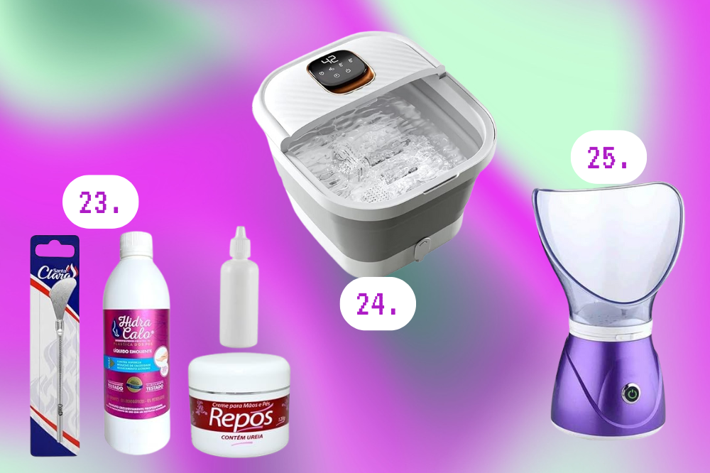 Como preparar um SPA para o Dia dos Namorados Imagem de um aparelho de massagem de pés, um vaporizador e um kit de massagem nos pés.