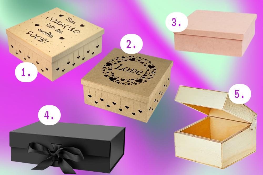caixas de presente para o Dia dos Namorados Cinco tipos de caixa, quatro sendo de MDF e uma preta com um laço.