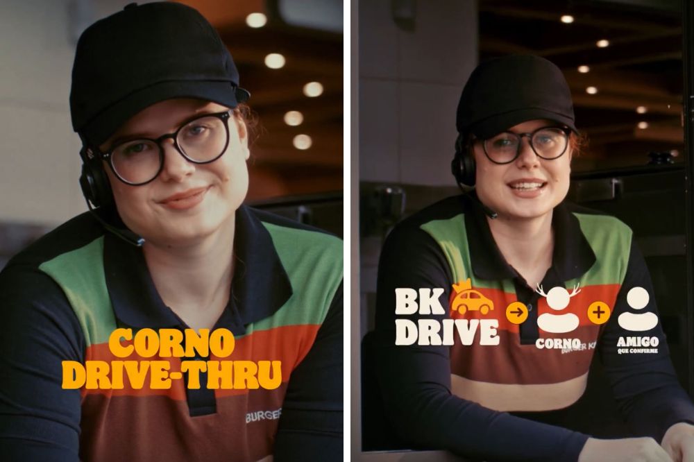 Duas imagens do vídeo promocional do Burger King e da campanha para o Dia dos Namorados. Nas duas imagens, há uma funcionária do Burger King com o uniforme da empresa falando com a câmera.