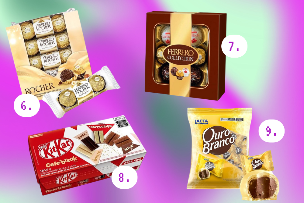caixas de presente para o Dia dos Namorados Imagem de quatro tipos de caixa de chocolate, Ferrero Rocher, KitKat e Ouro Branco.
