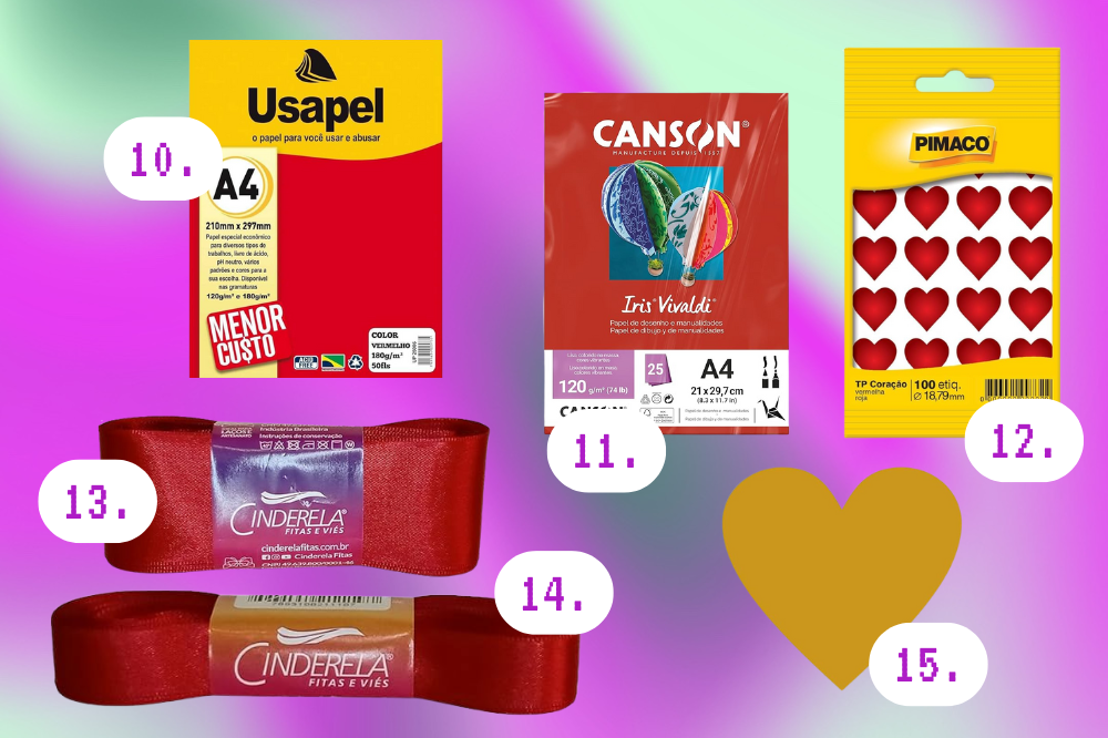 caixas de presente para o Dia dos Namorados Imagem de dois tipos de fita de cetim vermelha, dois tipos de papel vermelho, uma cartela de adesivos de coração vermelho e um bloco de post it de coração dourado.