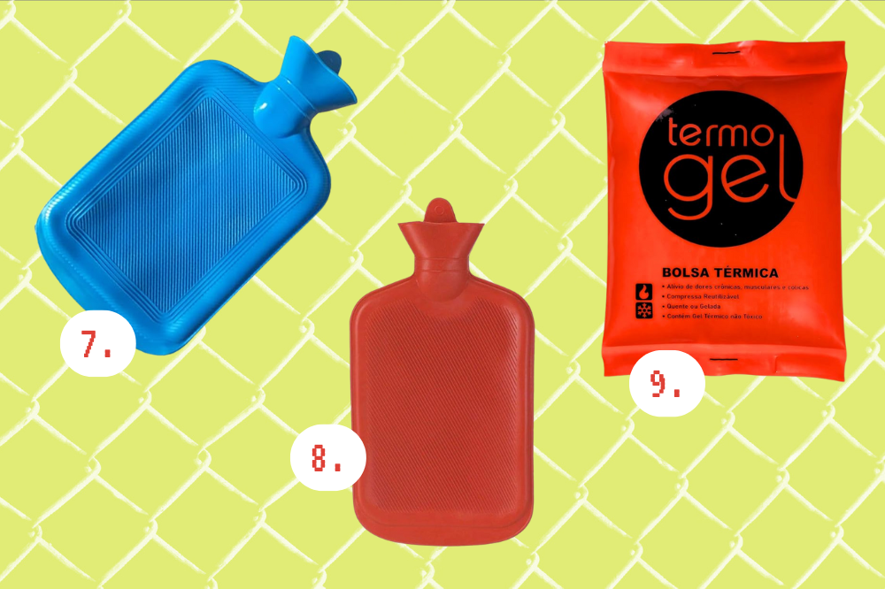 Itens para deixar sua cama quentinha neste frio Imagem de três tipos de bolsas de água quente: uma azul, uma vermelha e uma laranja de gel.