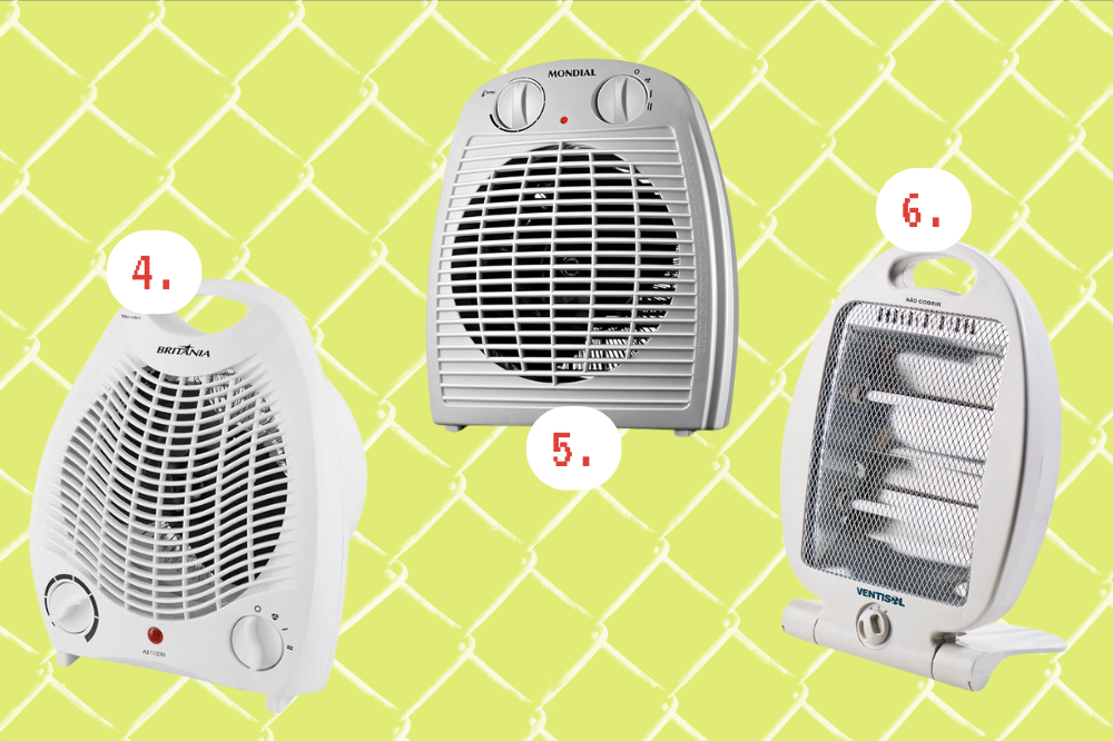 Itens para deixar sua cama quentinha neste frio Três imagens de aquecedores de frio brancos pequenos em um fundo amarelo.