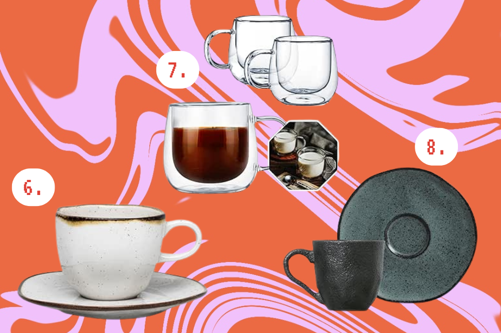 O que você precisa para montar uma cafeteria em casa Imagem de um conjunto de mini xícara de café transparente e de dois conjuntos de porcelana, um branco e um preto.