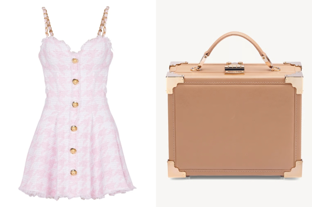 look-taylor-swift Vestido Balmain e bolsa Aspinal London usados por Taylor Swift