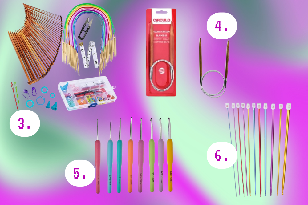 Croche e tricô tem conquistado nossa galera Montagem de um kit de croche com agulha, tesoura e fita métrica, dois conjuntos de agulha de crochê e um tipo de agulha de tricô.