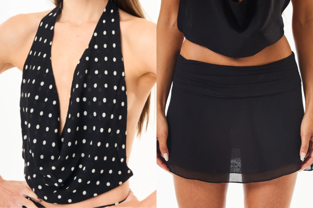 look-makai-maisa-silva Blusa de frente única com estampa de bolinhas e minissaia preta da Makai usadas por Maisa Silva