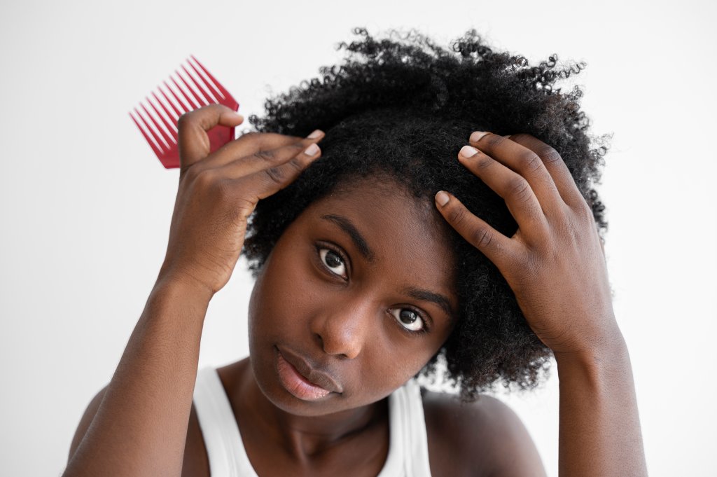 Menina de cabelo crespo repartindo o cabelo enquanto segura um pente garfo