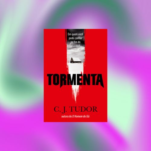 Capa do livro Tormenta em fundo degradê verde, azul e roxo