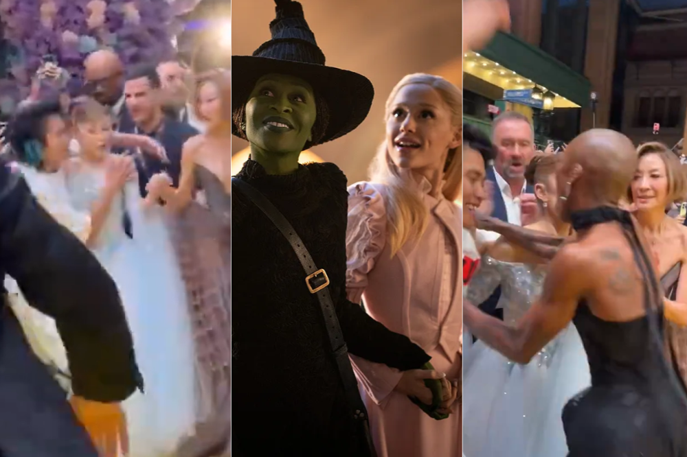 Momento em que Ariana Grande é agarrada em pré-estreia (Esquerda) Ariana e Cynthia caracterizadas como Glinda e Elphaba (centro) Cynthia defendendo Ariana (direita)