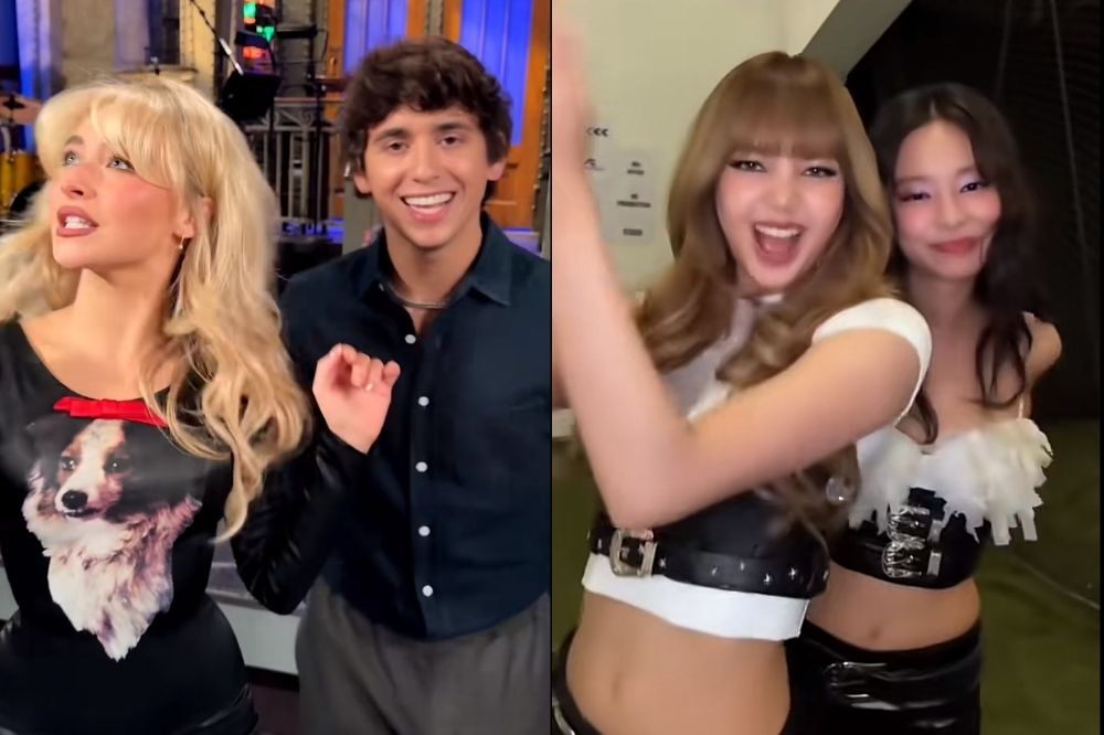 Whats Up trend. Montagem de dois vídeos da trend, na esquerda de Sabrina Carpenter e Marcello Hernández, nos bastidores do SNL. Do outro, as cantoras Lisa e Jenny do Blackpink