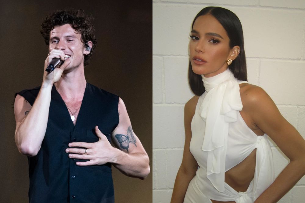 Montagem com foto de Shawn Mendes à esquerda e de Bruna Marquezine à direita