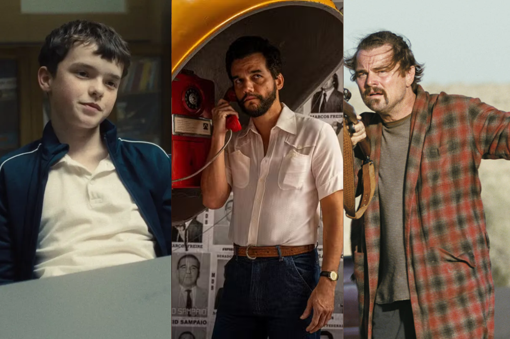 Protagonista de 'Adolescência' sentado (Esquerda) protagonista de 'O Agente Secreto' em orelhão (centro) e Protagonista de 'Uma Batalha Após a Outra' (direita)