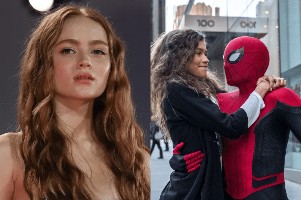 Sadie Sink (mulher ruiva e jovem) na esquerda, MJ (Mulher jovem de cabelos cacheados) e Homem Aranha na direita