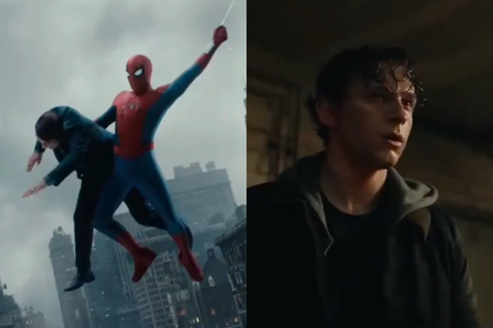 Imagem dividida em duas cenas do personagem Homem-Aranha: à esquerda, ele se balança entre prédios segurando outra pessoa; à direita, sua identidade civil aparece como um jovem suado e ofegante em um ambiente escuro.