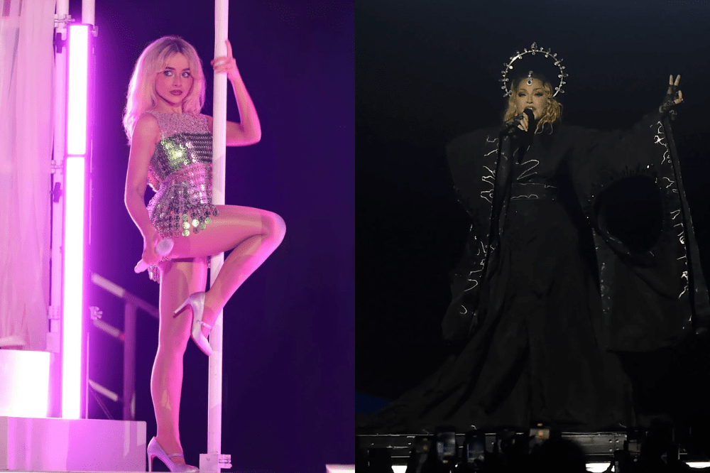 Duas cantoras no palco: uma em performance pop brilhante e outra com figurino dramático e gótico.