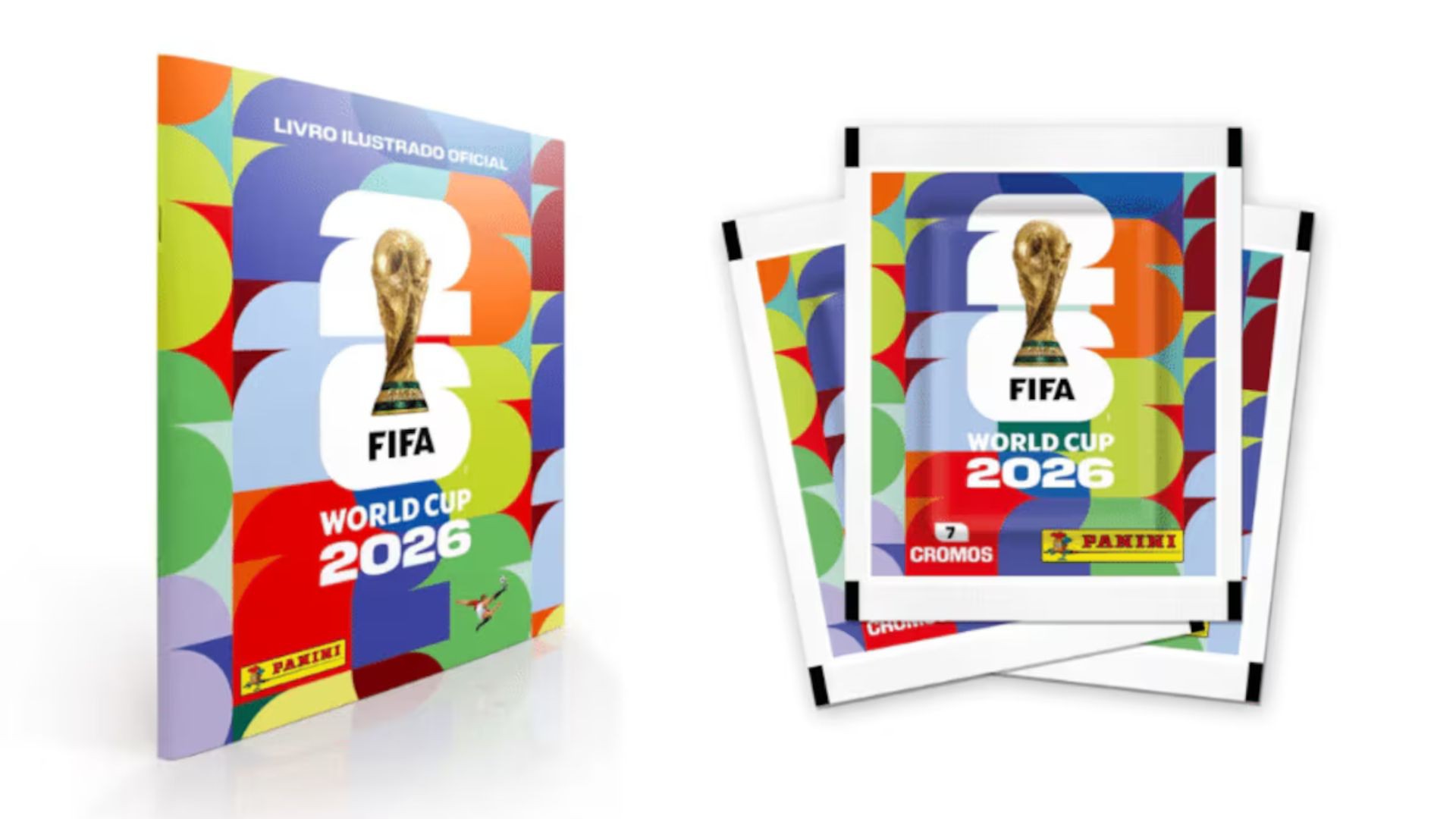 Álbum ilustrado oficial e pacotes de cromos da FIFA World Cup 2026, com o troféu da Copa do Mundo e o logo da Panini, sobre fundo branco