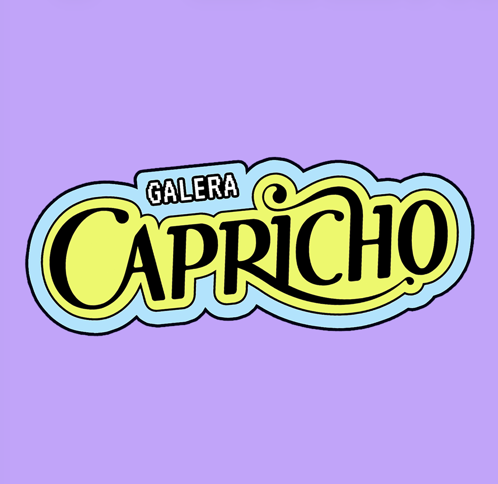 Logotipo "Galera Capricho" em fundo lilás. "Galera" em branco com contorno preto, fonte pixelada. "Capricho" em amarelo com contorno preto e azul claro, fonte cursiva com detalhes enrolados no "C" e "O"