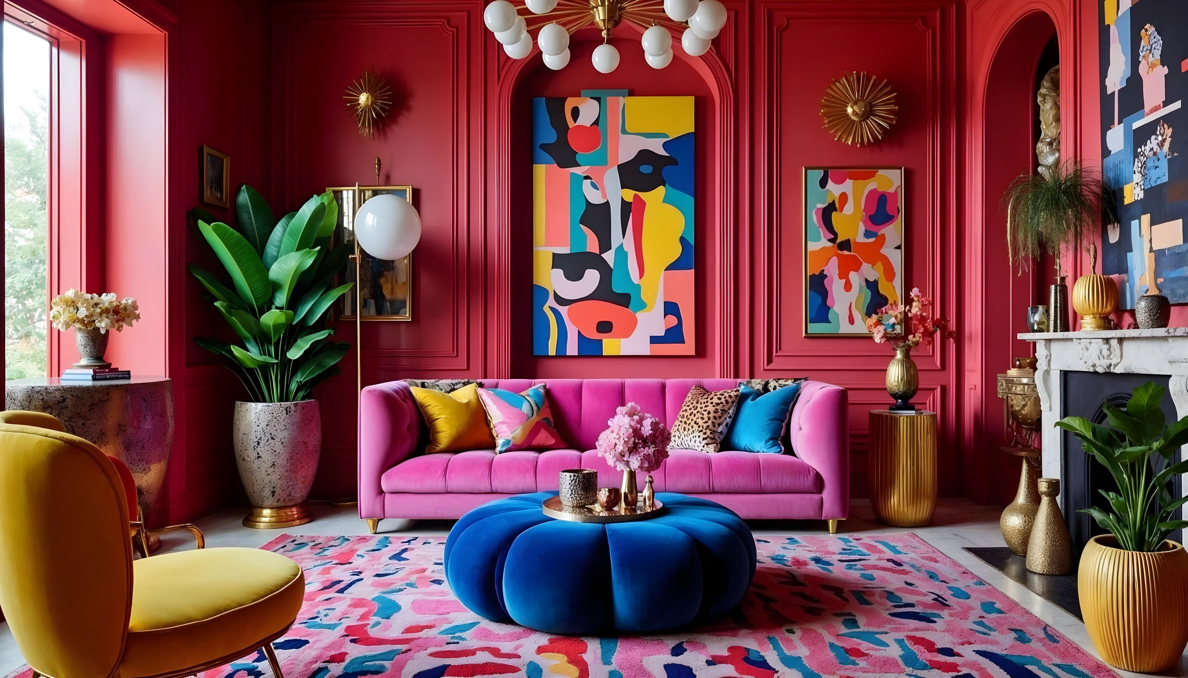 Sala de estar vibrante com paredes rosa choque e boiseries. Um sofá pink com almofadas coloridas e de oncinha, um pufe azul royal no centro com bandeja dourada e flores. Um tapete abstrato rosa, azul e amarelo cobre o chão. Poltrona amarela, plantas verdes em vasos dourados e quadros abstratos coloridos adornam o ambiente. Um lustre moderno ilumina o espaço