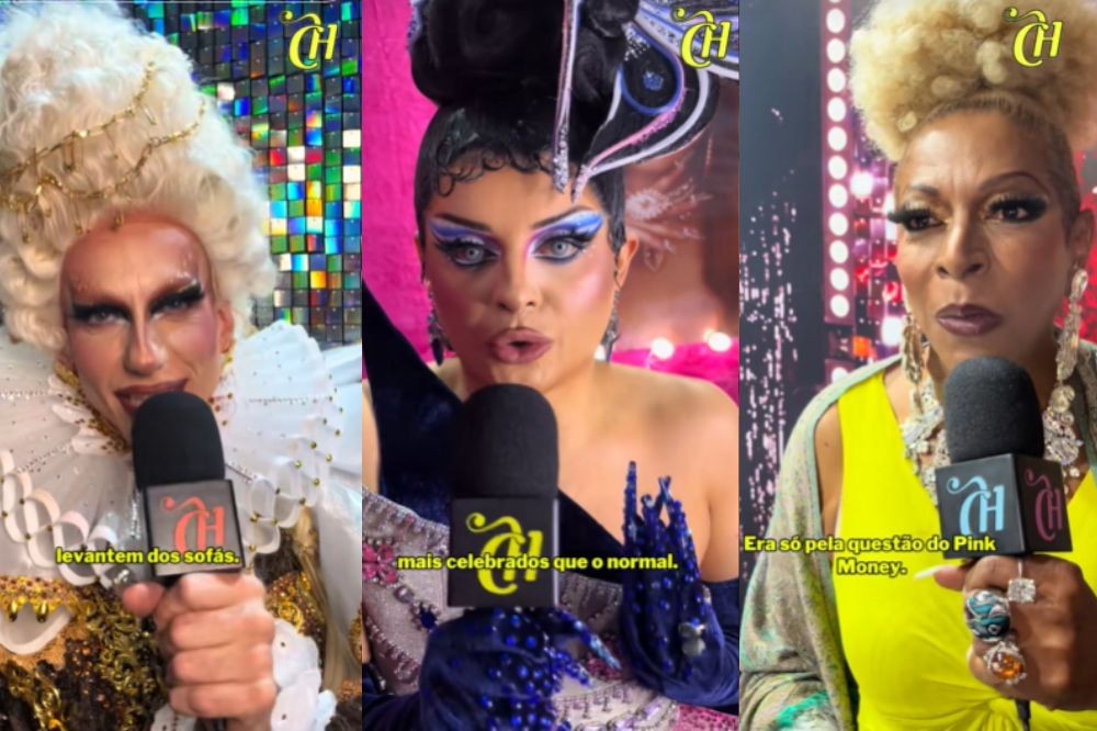 Três drag queens em close-up, cada uma segurando um microfone preto com o logo "CH". Da esquerda para a direita: uma drag com peruca branca volumosa e maquiagem marcante, vestindo gola branca plissada; uma drag com maquiagem azul vibrante e cabelo escuro preso, usando um adereço de cabeça e luvas azuis; e uma drag com cabelo loiro crespo, maquiagem escura e muitos anéis, vestindo uma blusa amarela. As legendas mostram trechos de suas falas