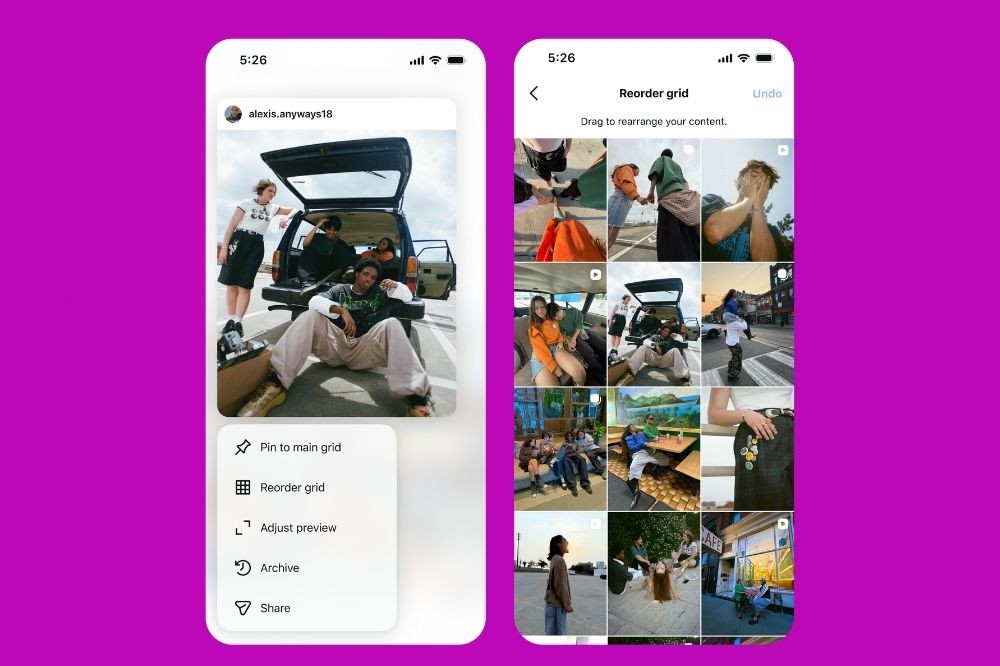 Dois celulares exibem a interface do Instagram. À esquerda, uma foto de três jovens com um carro de porta-malas aberto e um menu de opções. À direita, a tela Reorder grid com várias fotos em miniatura, incluindo a imagem anterior, para reorganizar o feed