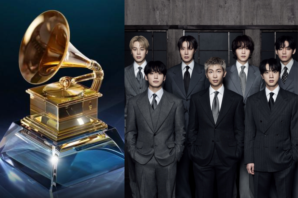 Troféu Grammy dourado em base de cristal à esquerda e sete homens asiáticos de terno escuro à direita, com expressões sérias