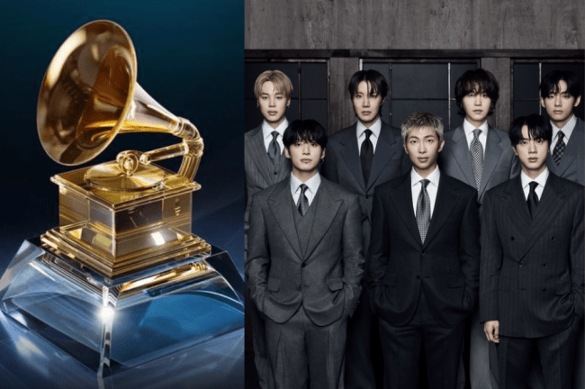 Troféu Grammy dourado em base de cristal à esquerda e sete homens asiáticos de terno escuro à direita, com expressões sérias