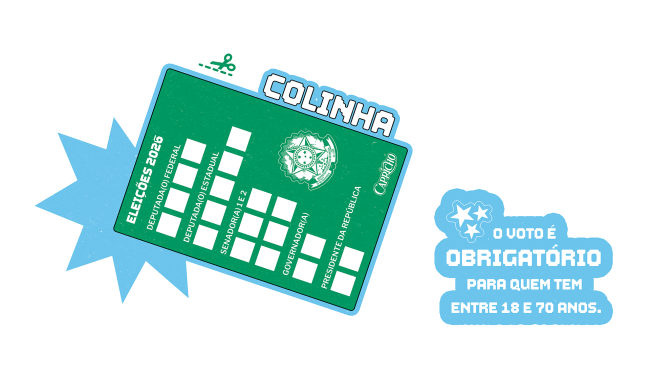 Eleicoes 02 Ilustração de uma colinha eleitoral verde com o título ELEIÇÕES 2026 e espaços para anotar votos para Deputado Federal, Deputado Estadual, Senador, Governador e Presidente da República. Ao lado, um balão de fala azul com a frase O VOTO É OBRIGATÓRIO PARA QUEM TEM ENTRE 18 E 70 ANOS