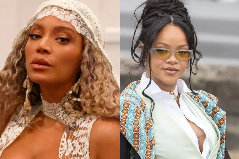 Beyoncé com cabelo loiro cacheado e lenço de renda branco na cabeça, e Rihanna com cabelo escuro preso, óculos de sol amarelos e blazer estampado